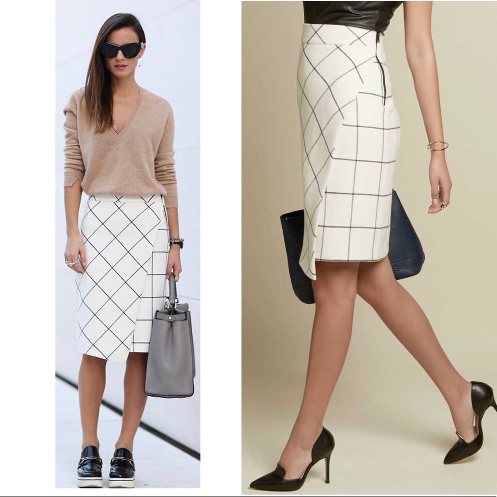 Zara ivory white light cream black plaid check wrap pencil skirt M side zipper